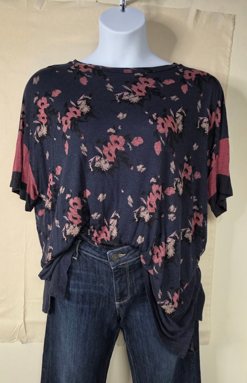AllSaints M L Floral Linen Blend Oversized Draped Tee Portugal Dark Floral 0113